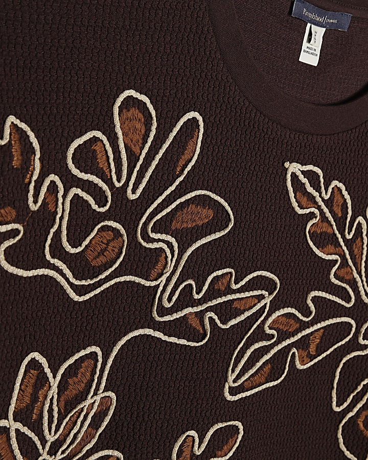 Brown Oversized Fit Roping Floral T-Shirt