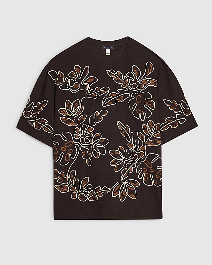 Brown Oversized Fit Roping Floral T-Shirt