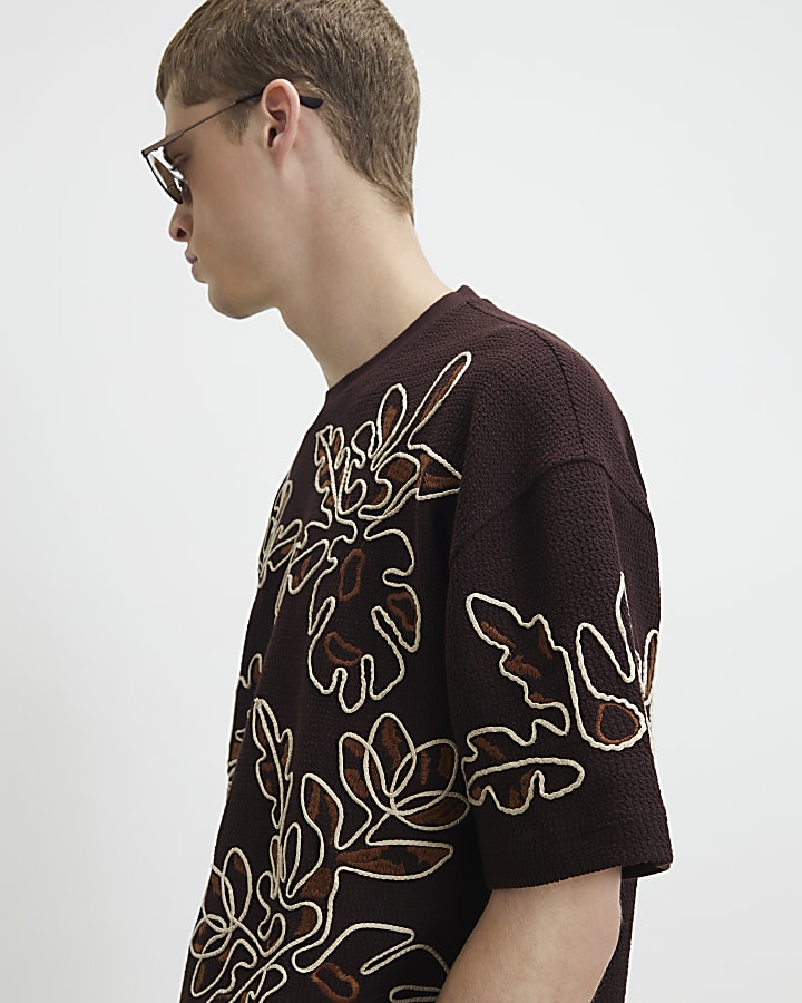 Brown Oversized Fit Roping Floral T-Shirt