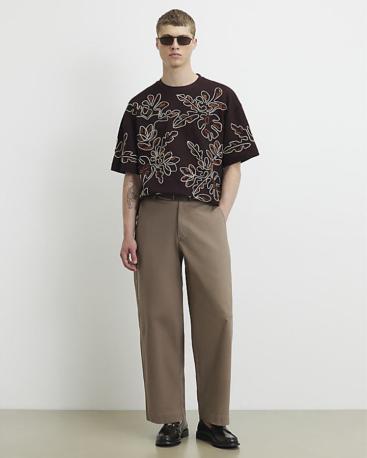 Brown Oversized Fit Roping Floral T-Shirt