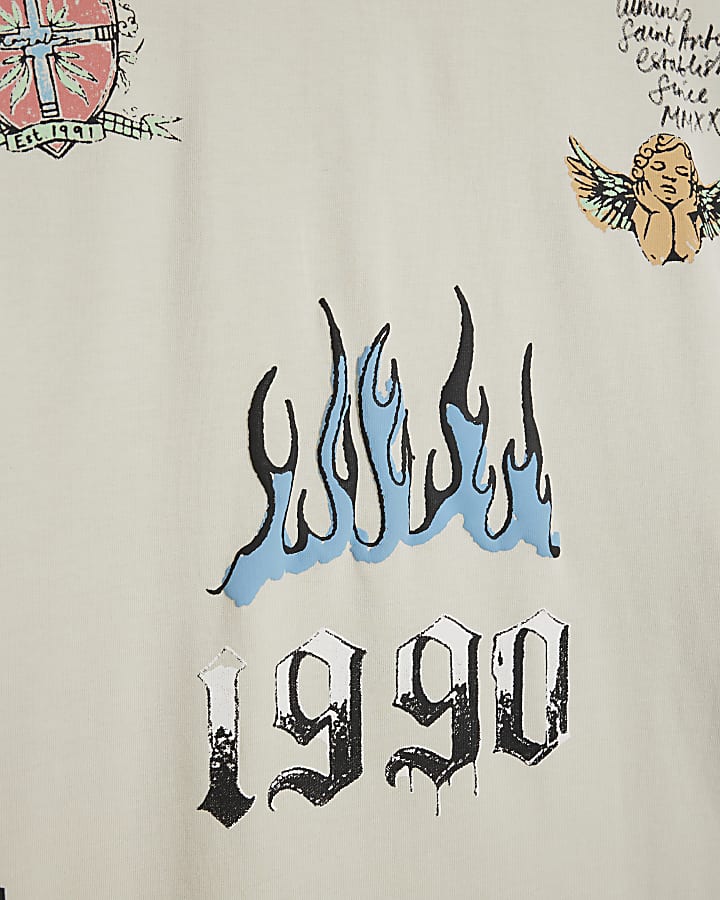 Beige Oversized Fit Graffiti Print T-Shirt