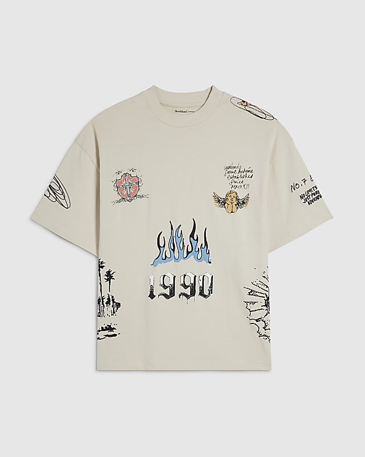 Beige Oversized Fit Graffiti Print T-Shirt
