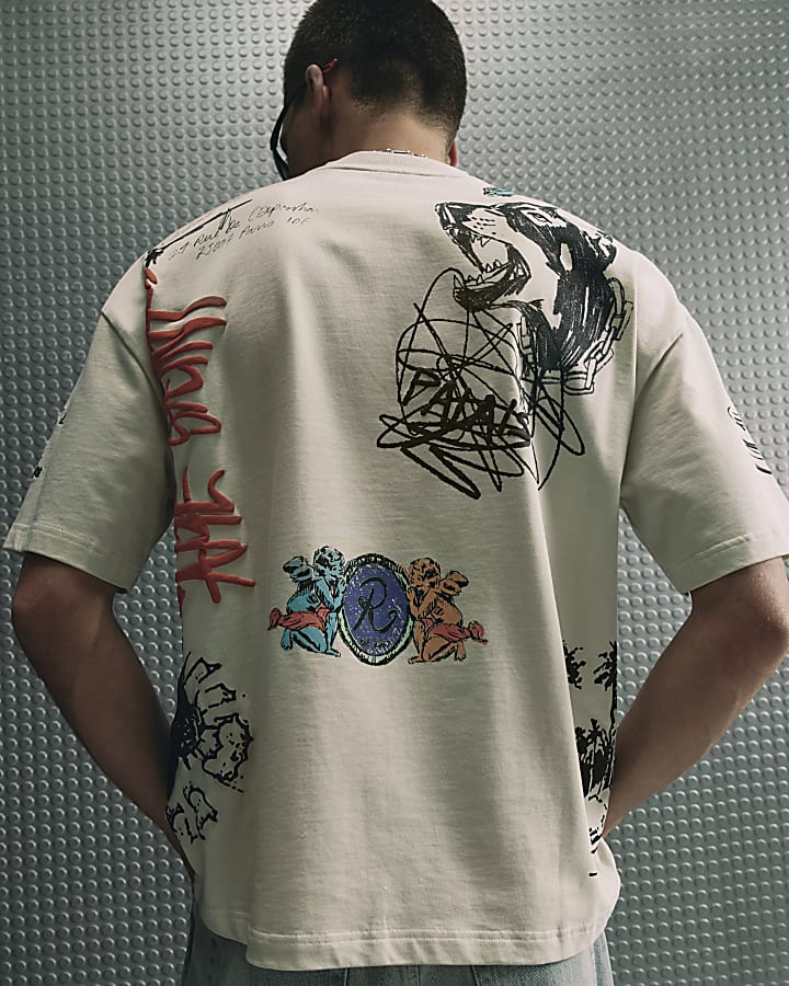 Beige Oversized Fit Graffiti Print T-Shirt