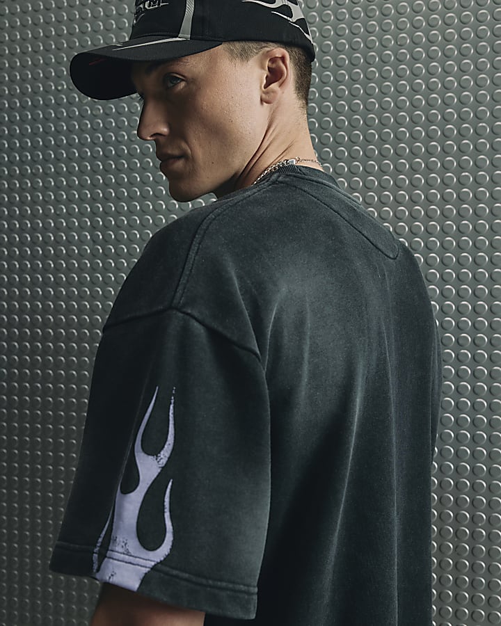 Black  Oversized Fit Washed Flame Sweatshirt