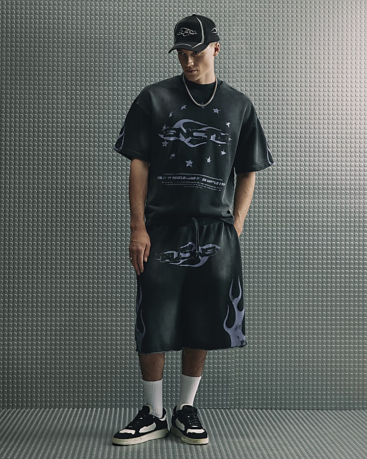 Black  Oversized Fit Washed Flame Sweatshirt