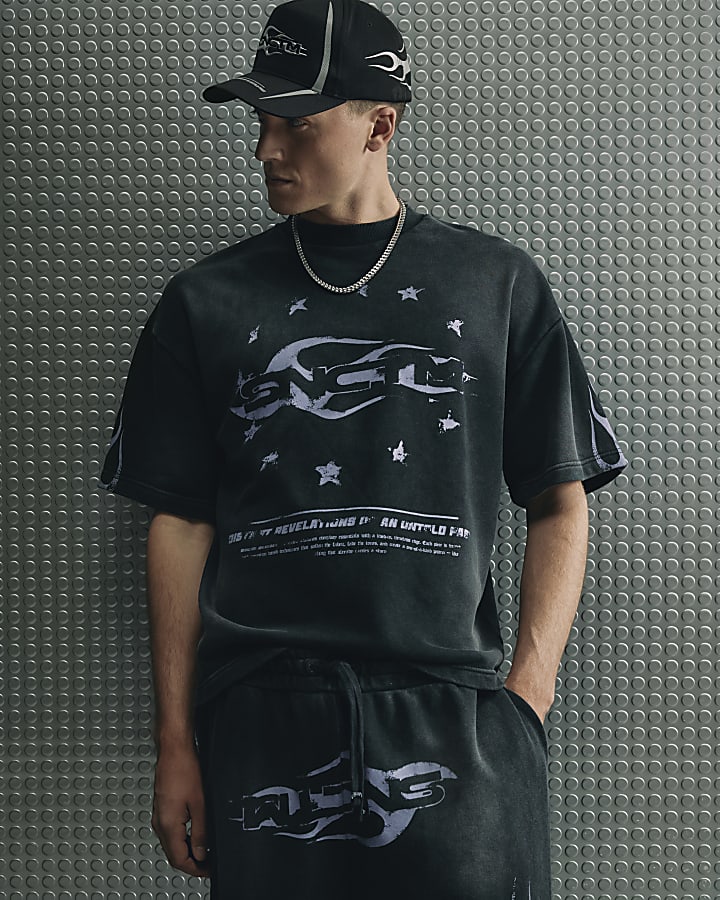 Black  Oversized Fit Washed Flame Sweatshirt