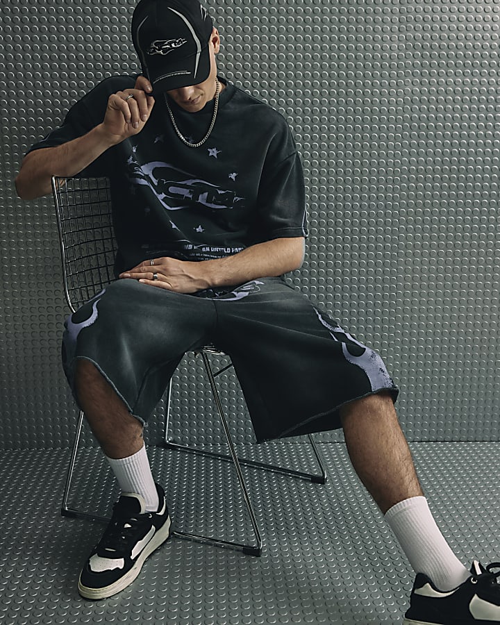 Black  Oversized Fit Washed Flame Sweatshirt
