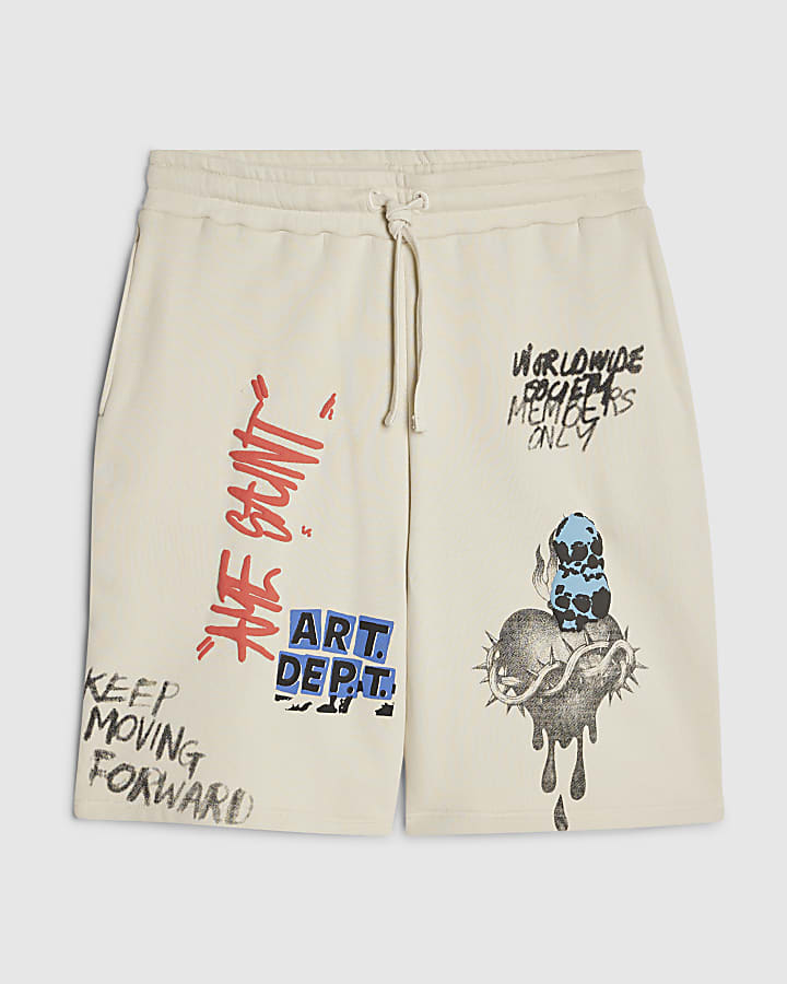 Beige Graffiti Print Jort