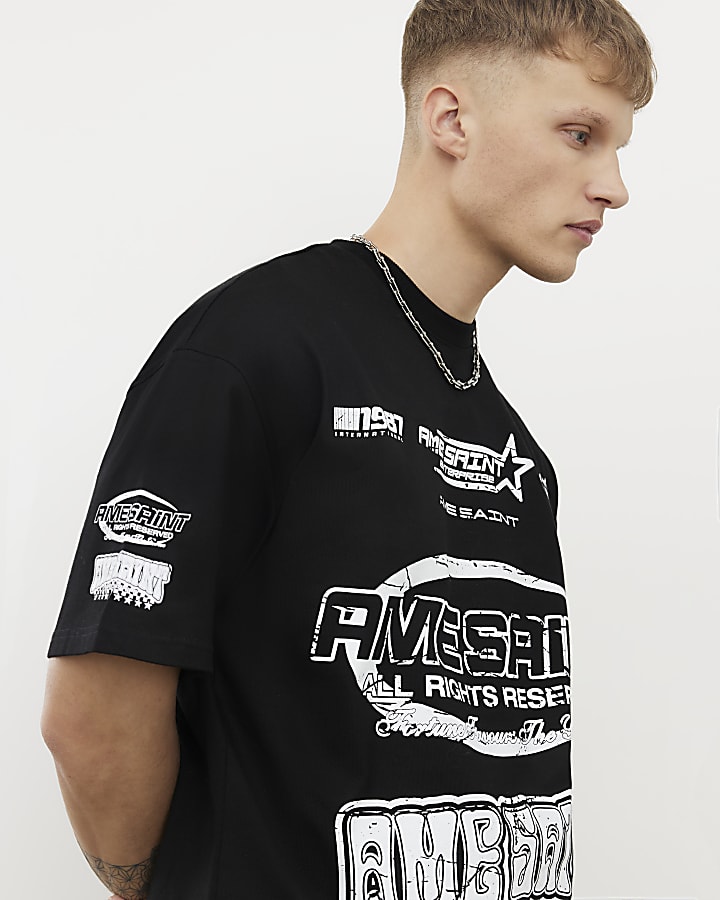 Black Oversized Fit Ame Saint T-Shirt