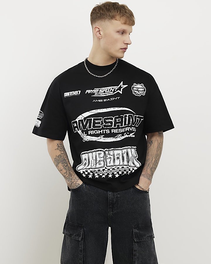 Black Oversized Fit Ame Saint T-Shirt