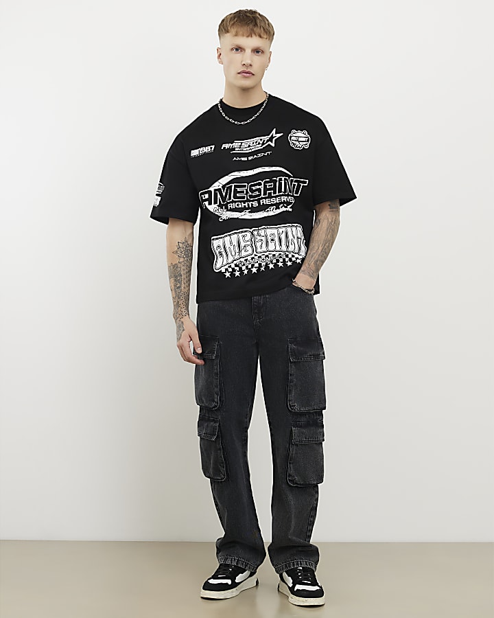 Black Oversized Fit Ame Saint T-Shirt
