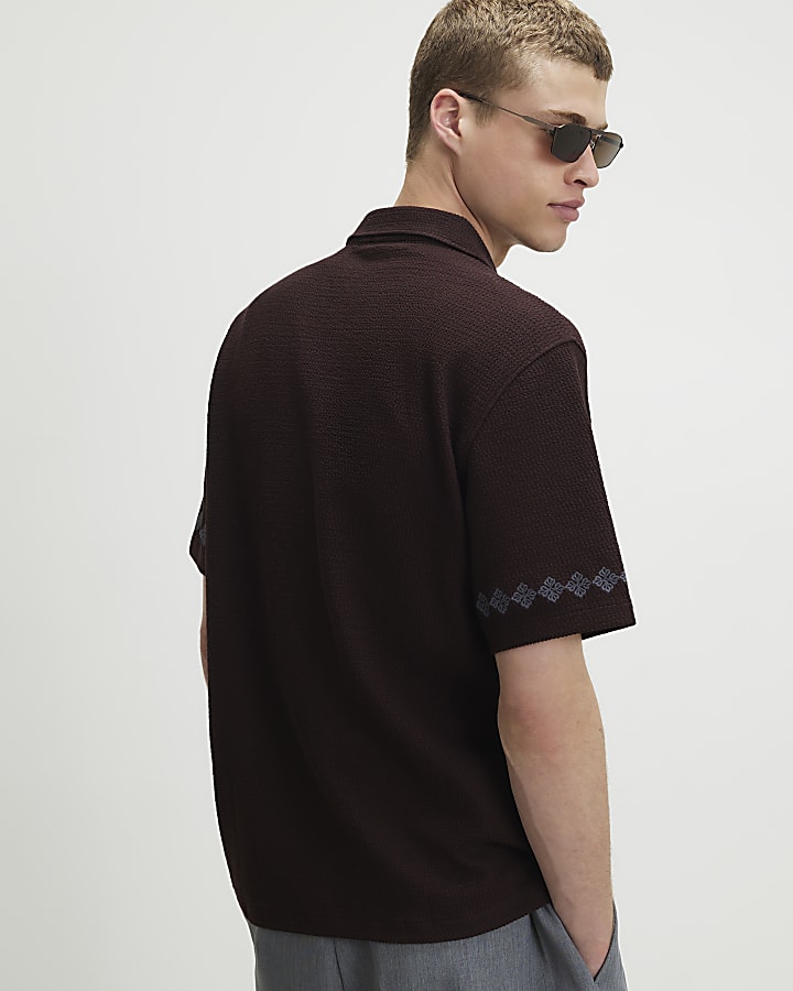 Brown Regular Fit Flower Embroidered Shirt