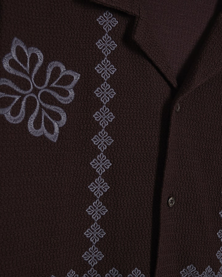 Brown Regular Fit Flower Embroidered Shirt