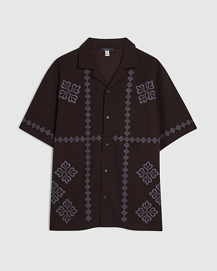 Brown Regular Fit Flower Embroidered Shirt