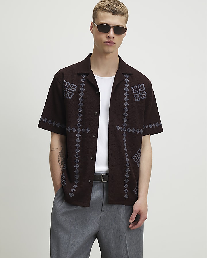 Brown Regular Fit Flower Embroidered Shirt
