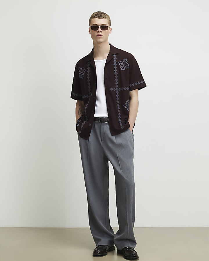 Brown Regular Fit Flower Embroidered Shirt