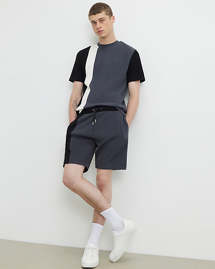 Grey Slim Fit Colour Block Shorts