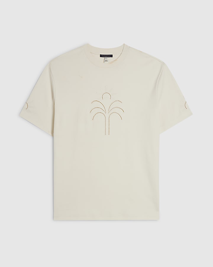 Beige Regular Fit Cotton Cutwork Palm T-Shirt