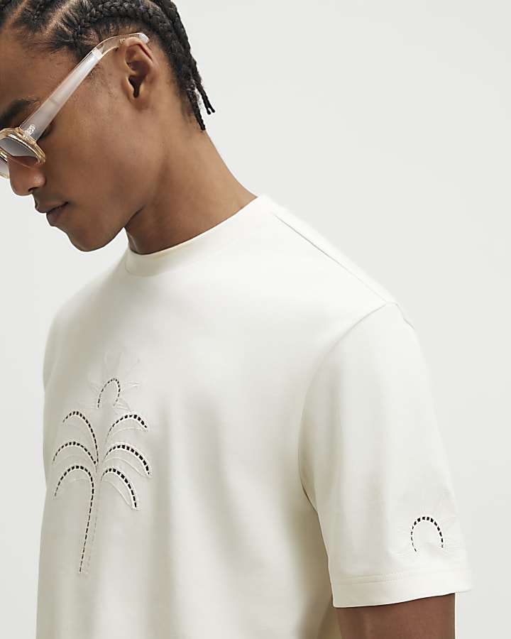 Beige Regular Fit Cutwork Palm Tree T-Shirt