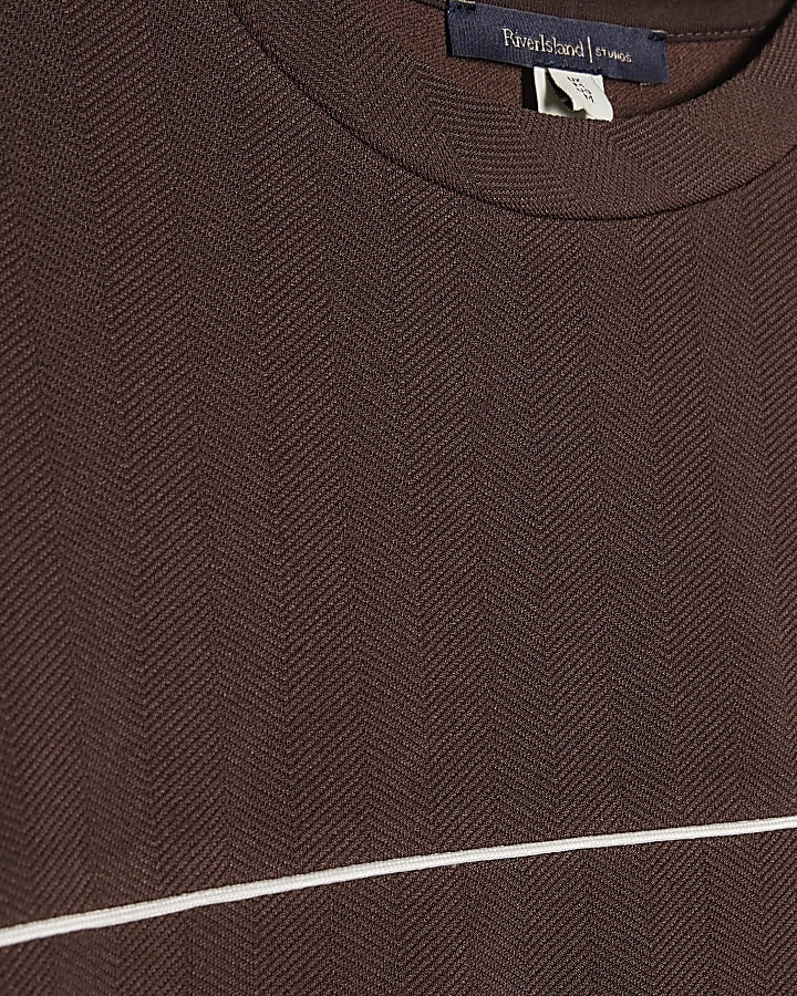 Brown Slim Fit Piped Textured T-Shirt