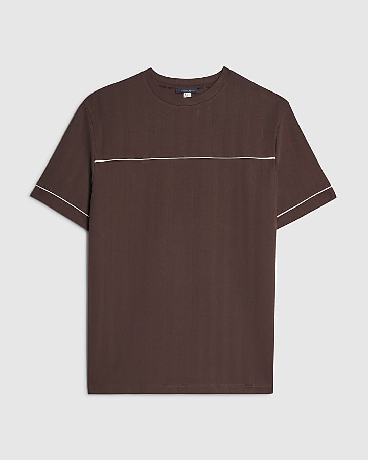 Brown Slim Fit Piped Textured T-Shirt