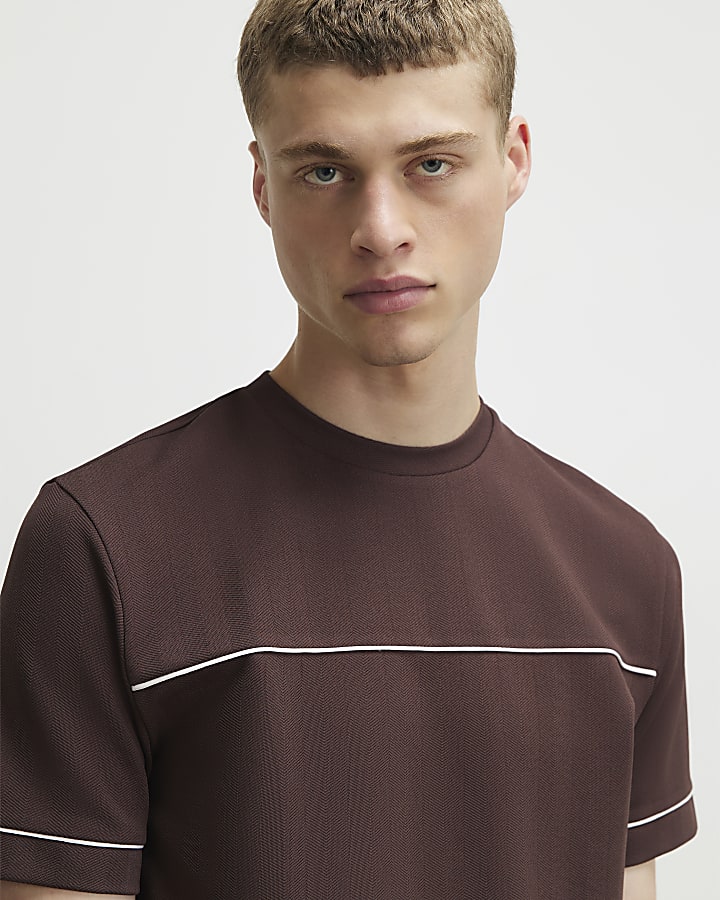 Brown Slim Fit Piped Textured T-Shirt