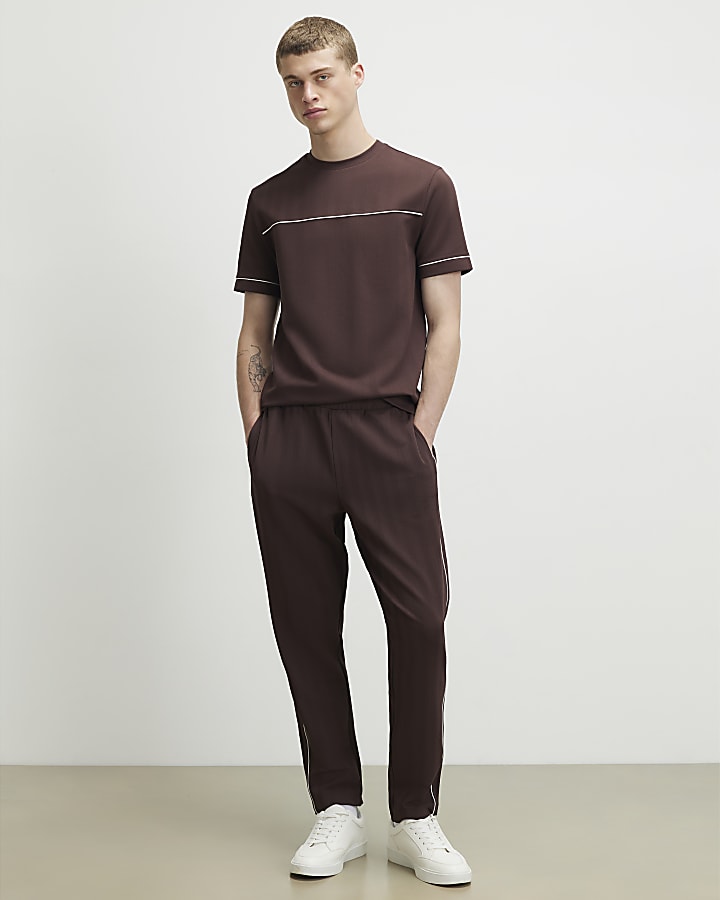 Brown Slim Fit Piped Textured T-Shirt