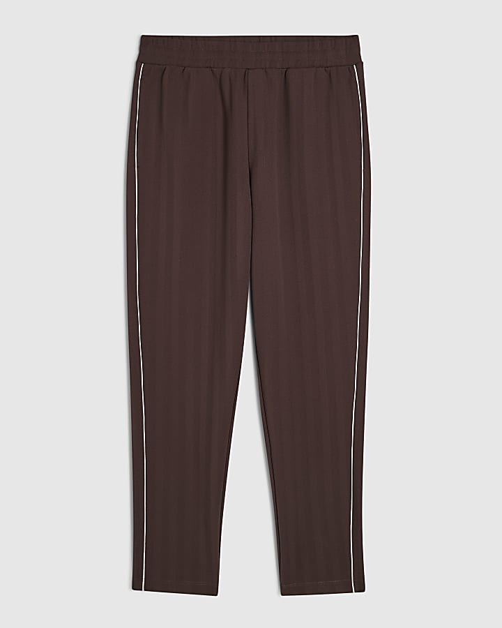 Brown Slim Fit Piped Textured Joggers