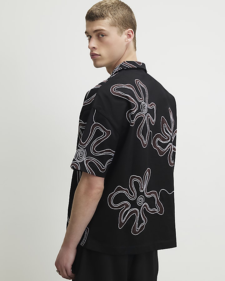 Black Oversized Fit Cotton Floral Shirt