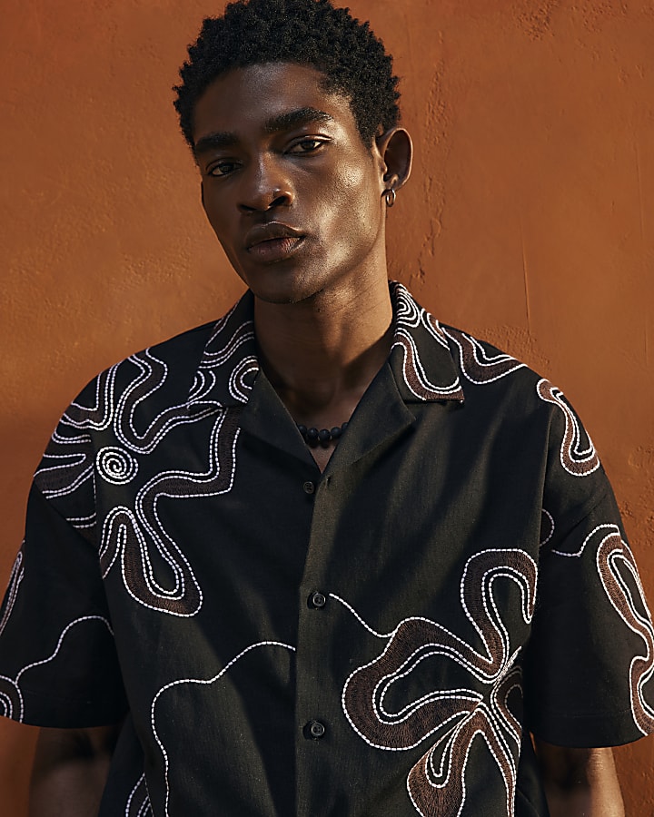 Black Oversized Fit Cotton Floral Shirt
