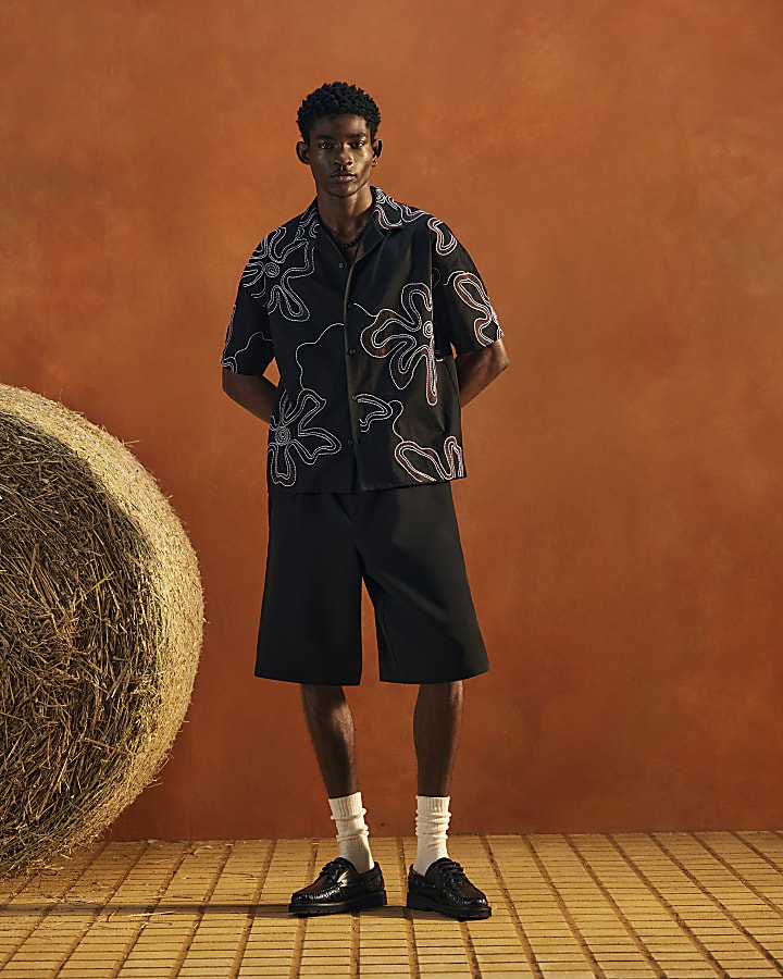 Black Oversized Fit Cotton Floral Shirt