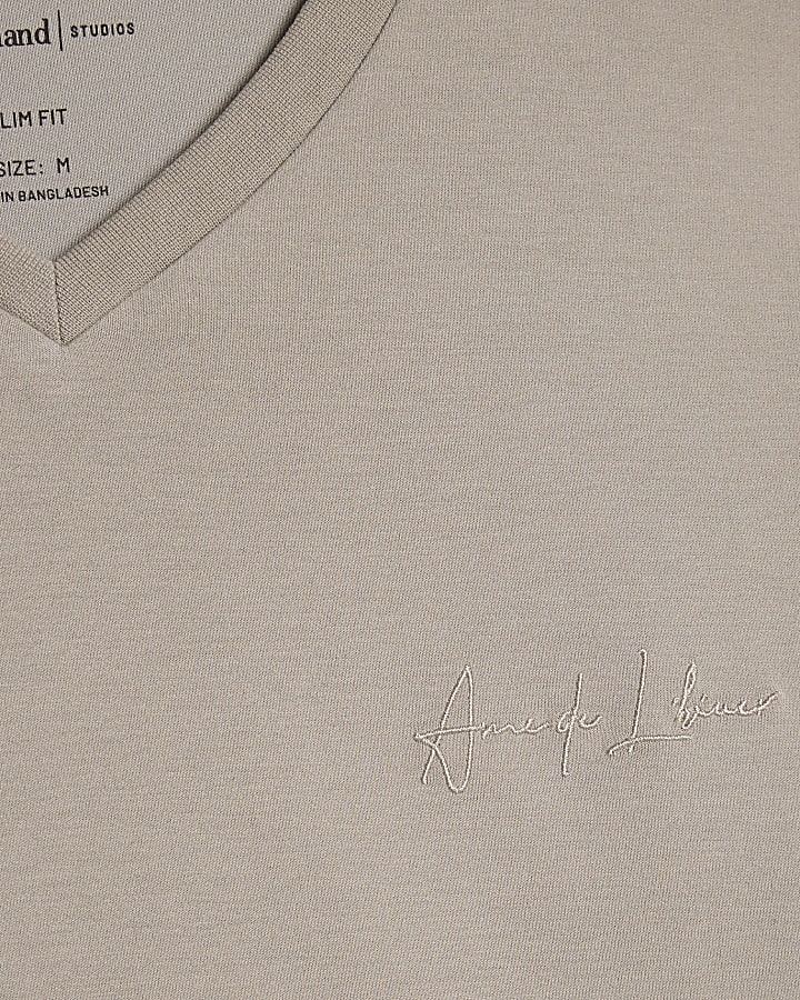 Beige Slim Fit V Neck T-Shirt