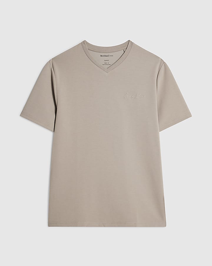 Beige Slim Fit V Neck T-Shirt