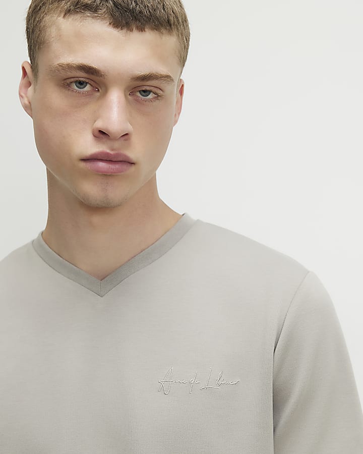 Beige Slim Fit V Neck T-Shirt