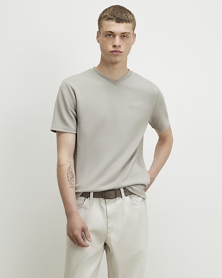Beige Slim Fit V Neck T-Shirt