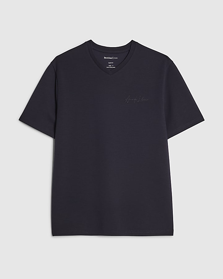 Navy Slim Fit Midweight V Neck T-Shirt