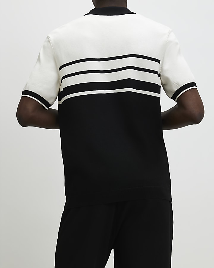 Black Slim Fit Stripe Knitted Polo Shirt