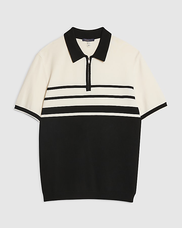 Black Slim Fit Stripe Knitted Polo Shirt