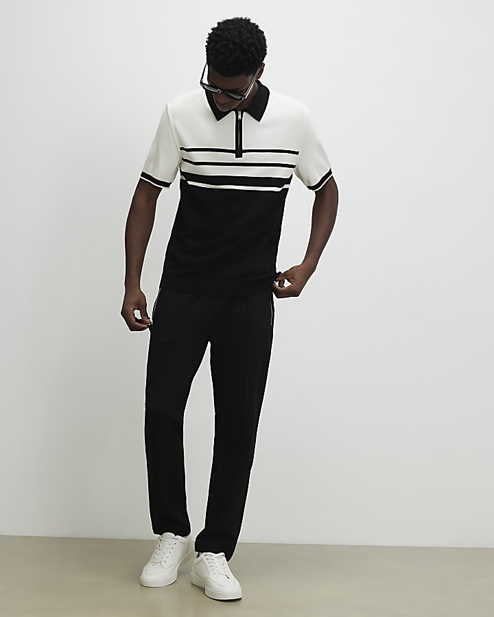 Black Slim Fit Stripe Knitted Polo Shirt