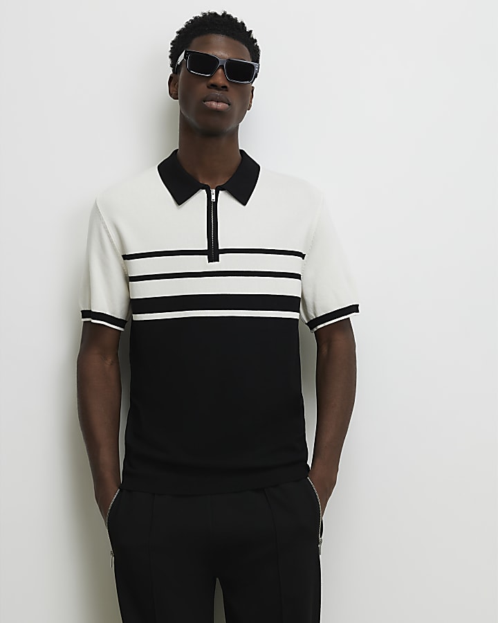 Black Slim Fit Stripe Knitted Polo Shirt