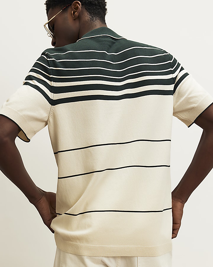 Green Slim Fit Stripe Knitted Polo Shirt