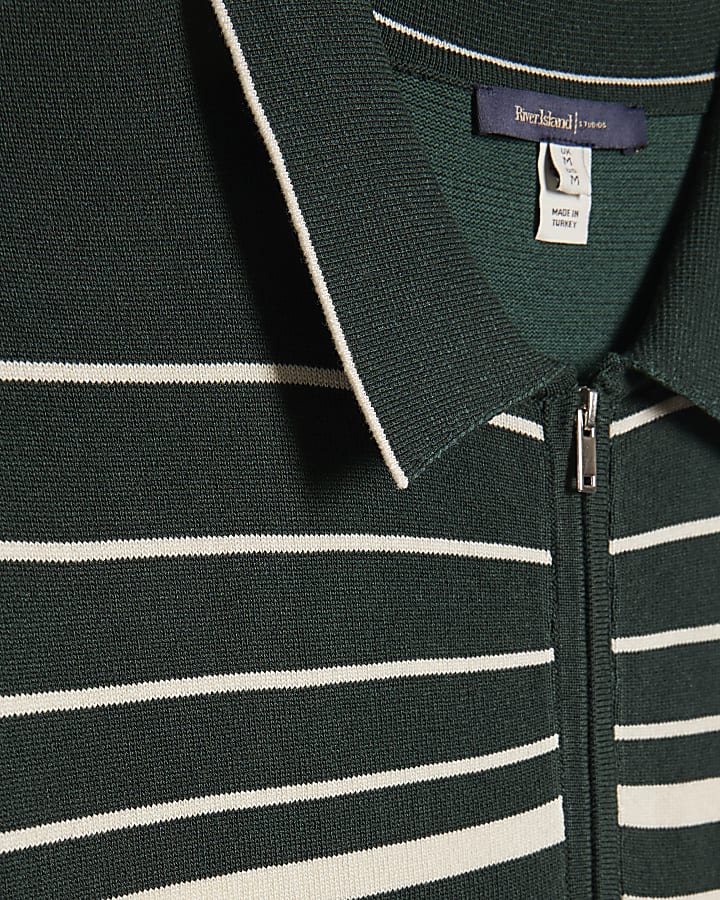 Green Slim Fit Stripe Knitted Polo Shirt