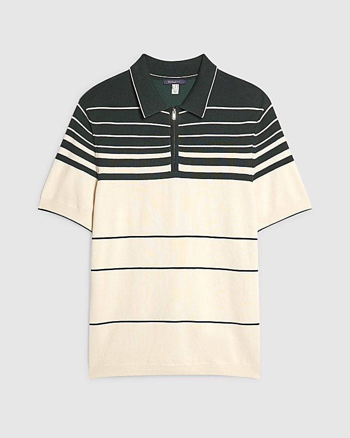 Green Slim Fit Stripe Knitted Polo Shirt