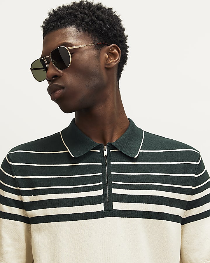 Green Slim Fit Stripe Knitted Polo Shirt