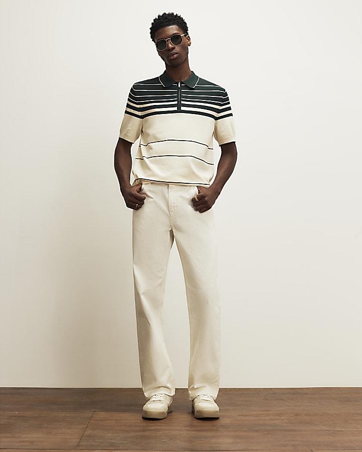 Green Slim Fit Stripe Knitted Polo Shirt
