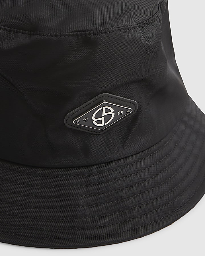 Black Nylon Badged Bucket Hat