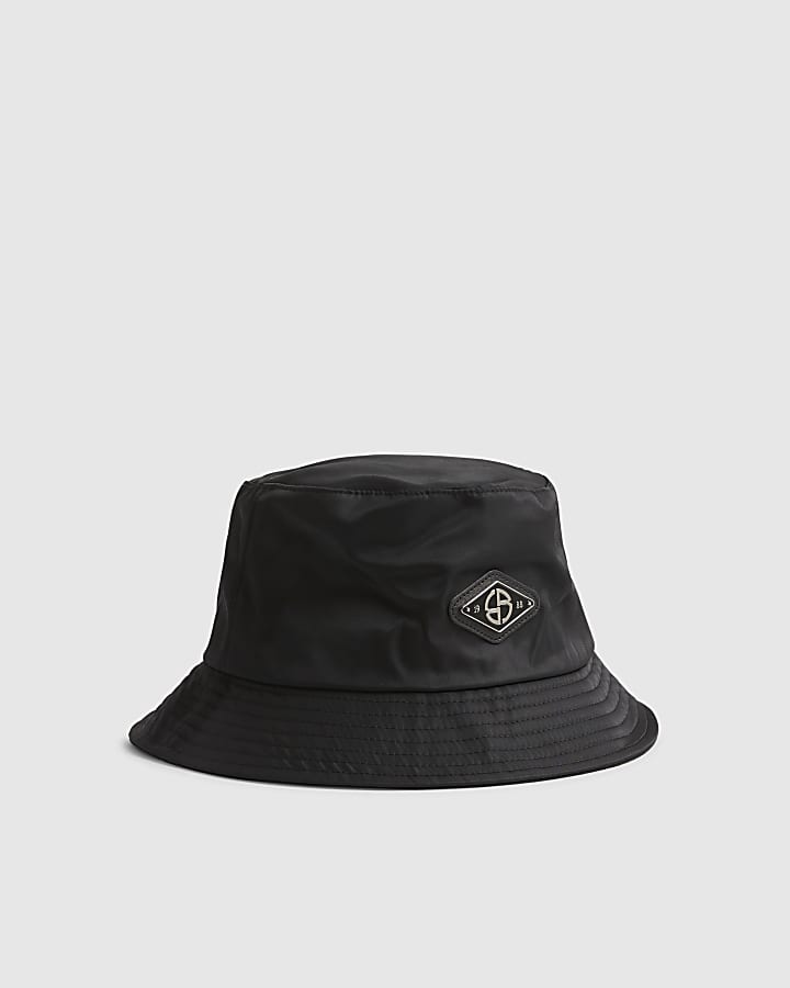 Black Nylon Badged Bucket Hat