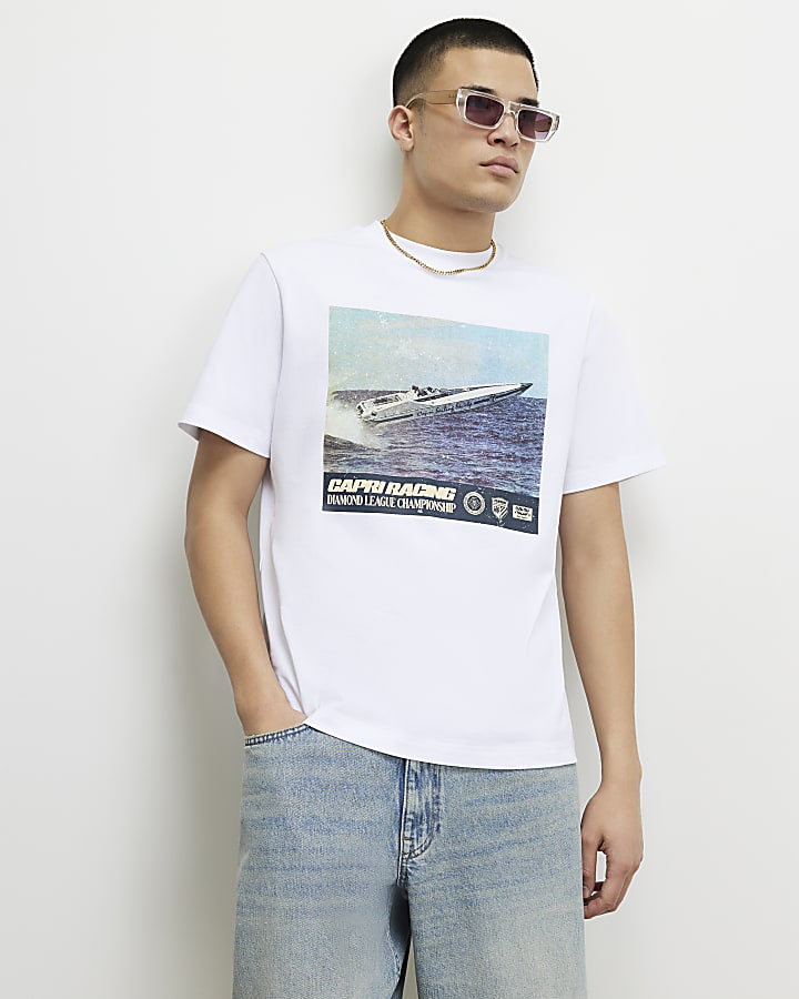 White Oversized Fit Racing Speed Boat T-Shirt