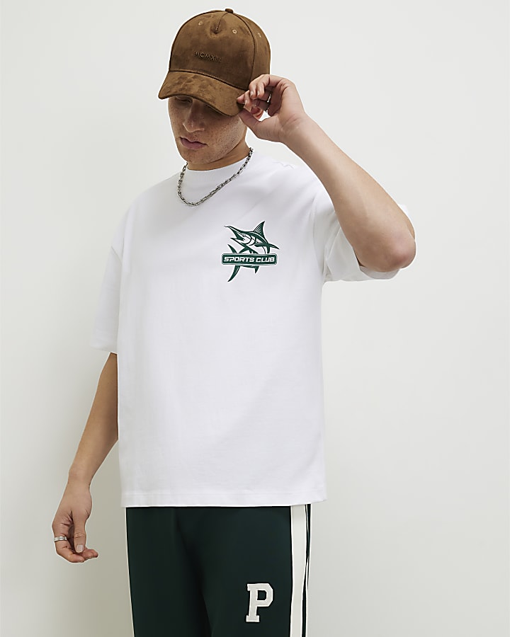 White Oversized Fit Sports Club Fish T-Shirt