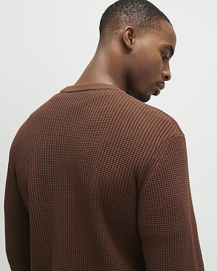 Brown Slim Fit Waffle Knit Jumper